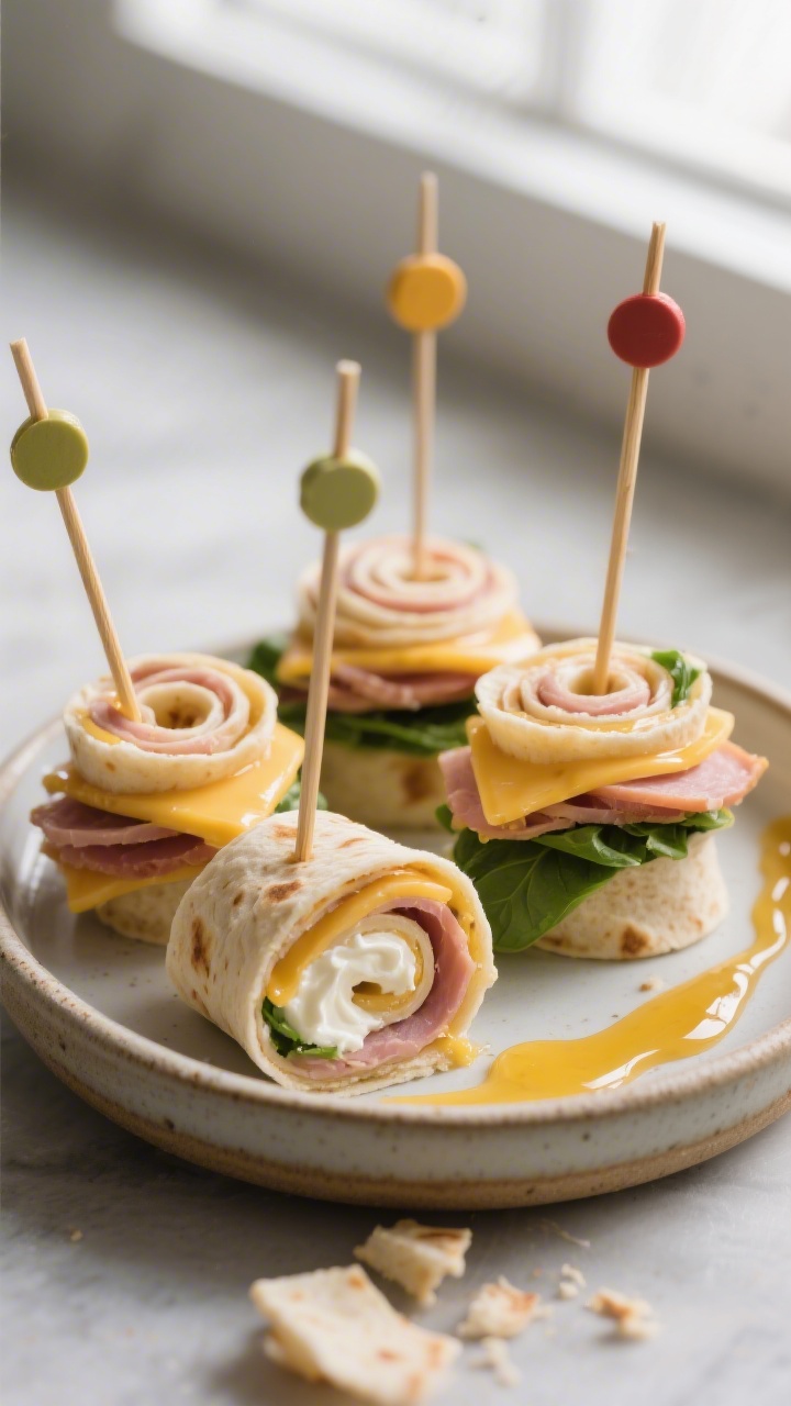 45-degree angle plated shot of End Zone Turkey-and-Cheese Pinwheel Pops: flour tortilla pinwheels filled with a whipped cream cheese, Dijon, and honey spread, layered with sliced turkey (or ham), cheddar/provolone, and baby spinach; each pinwheel secured on short lollipop sticks, arranged upright in a low ceramic dish with a stripe of mustard-honey drizzle on the side; neutral backdrop, soft window light emphasizing swirled layers and glossy tortilla sheen; tidy crumbs and sliced ends visible for freshness.