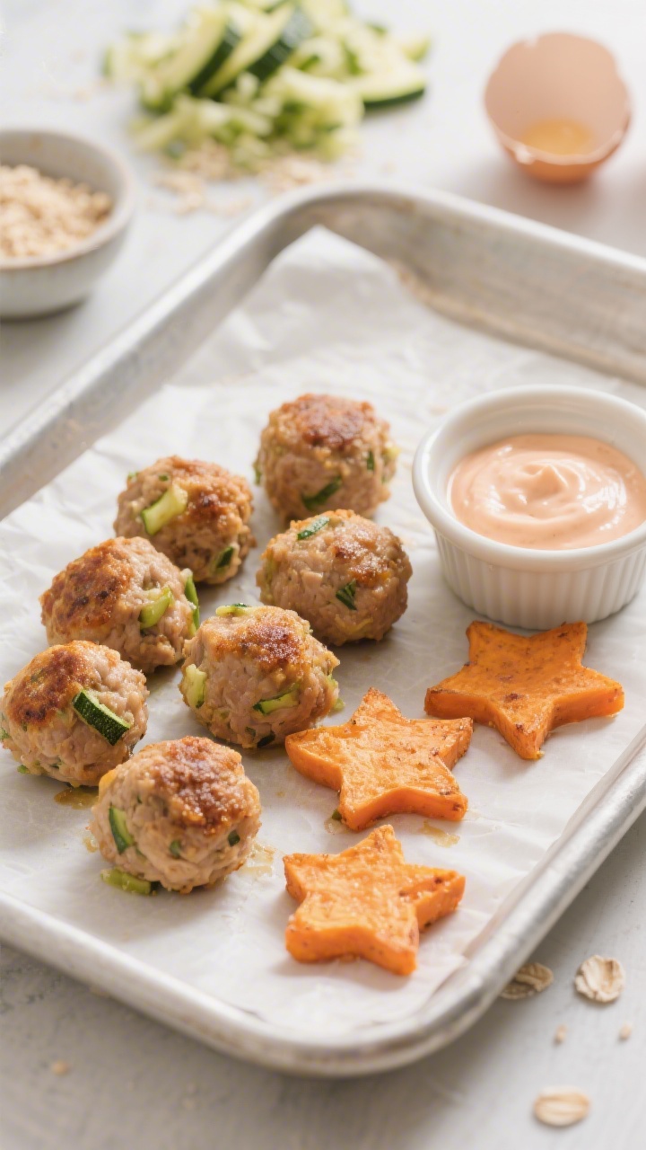 45-degree angle plated shot of Mini Turkey-Zucchini Meatballs with Sweet Potato Stars: golden-browned bite-size turkey meatballs (speckled with finely grated zucchini) arranged beside baked or lightly pan-seared sweet potato star shapes, a tiny ramekin of mild tomato or yogurt dip for toddlers. Visible textures of the meatballs, light sheen from baking, warm tones on a parchment-lined tray transitioning to a small toddler plate. Include raw ingredient hints in background blur: a small pile of grated zucchini, breadcrumbs/oat flour in a pinch bowl, and an egg shell, soft daylight, appetizing and clean.