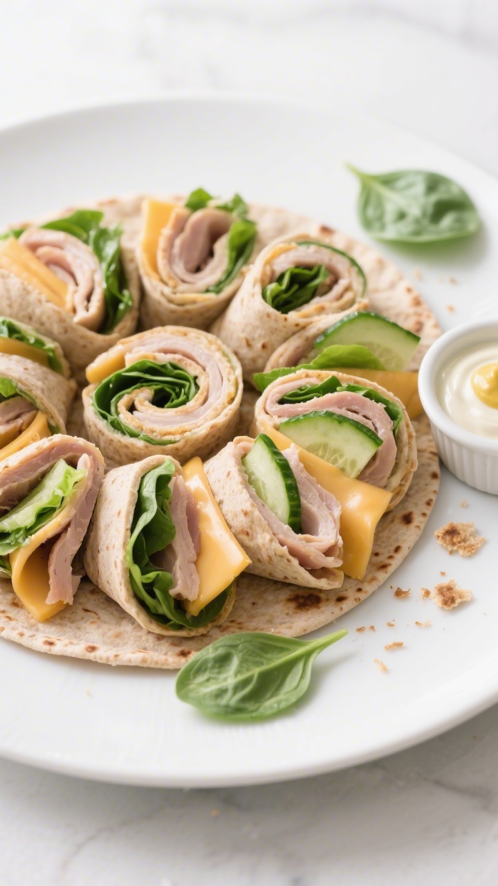 45-degree angle plated turkey, cheese, and veggie roll-ups: whole-wheat tortilla pinwheels arranged in a spiral on a large white platter, revealing tight layers of sliced turkey breast, mild cheddar or provolone, baby spinach/romaine, and cucumber strips; clean cross-sections with vibrant green pops; a small ramekin of light yogurt-mustard dip off to the side (no people), crumbs of tortilla and a few spinach leaves for authenticity; bright, crisp lighting.