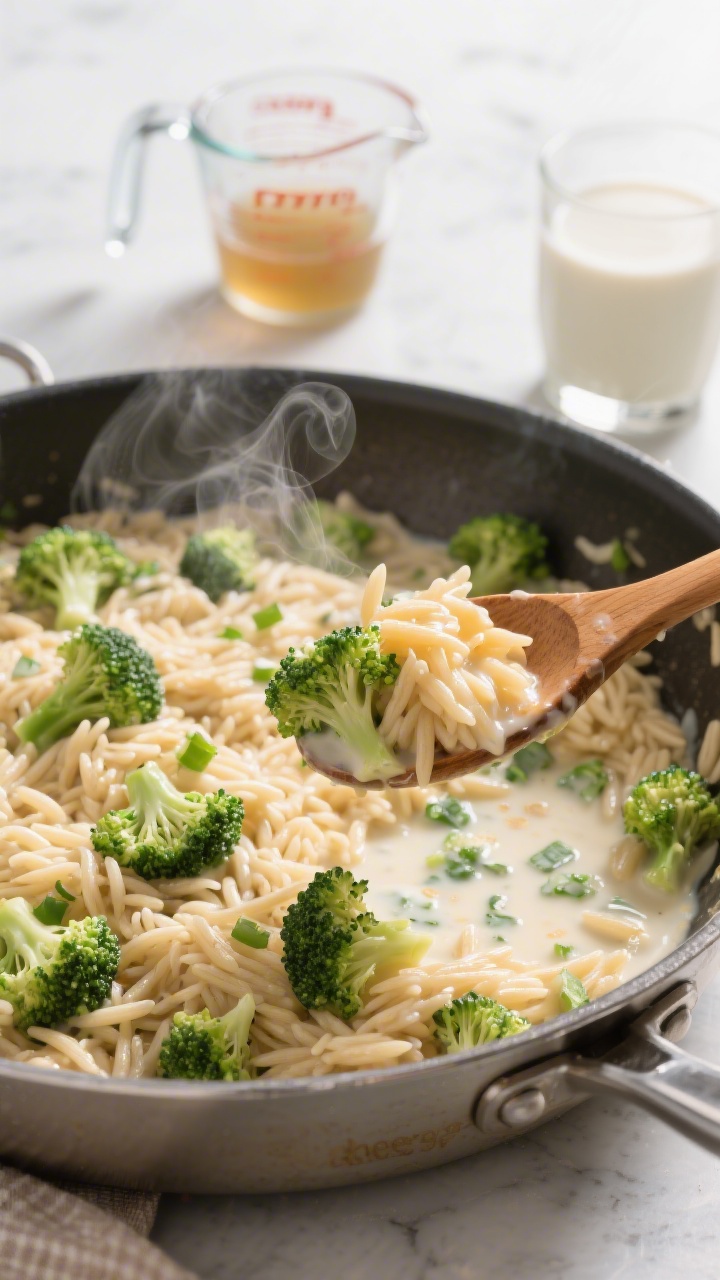 45-degree angle process shot of “cheesy-style” broccoli orzo (dairy-free) in a stainless skillet: tender orzo coated in a creamy oat milk and veggie broth sheen, speckled with finely chopped bright-green broccoli florets; steam rising, with a wooden spoon lifting a glossy scoop to show texture; background includes a measuring cup of low-sodium broth and a glass of unsweetened oat milk; clean, modern kitchen surface, natural daylight for a fresh, kid-friendly vibe.
