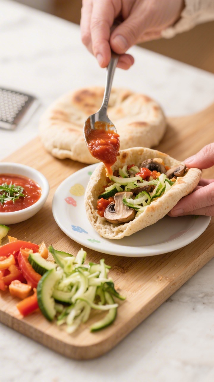 45-degree angle process shot of Mini Pizza Pita Pockets being filled: whole-wheat mini pitas slit open to show pockets, a spoon spreading low-sugar marinara inside, with finely grated zucchini (squeezed dry) and very finely chopped mushrooms and bell pepper being tucked in. A small dish of extra marinara, micro-grater with zucchini shreds, and neat piles of the veg on a wooden board. Clean kid-lunch vibe, bright light, sharp detail on the saucy interior and veggie textures; final pocket on a small kid-friendly plate ready to serve.