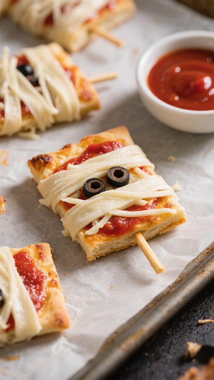 45-degree angle process shot of Mummy Pizza Dippers on a parchment-lined baking sheet: mini pizza rectangles made from stretched refrigerated pizza dough, a swipe of bright red pizza sauce, shredded mozzarella base, then thin strips of mozzarella string cheese crisscrossed like mummy bandages; a small bowl of extra pizza sauce for dipping on the side, a few sliced black olive “eyes” peeking through bandages; golden edges starting to blister, melted cheese texture detailed, warm directional light to highlight sheen and melt, shallow depth of field to keep focus on one mummy while others blur softly.