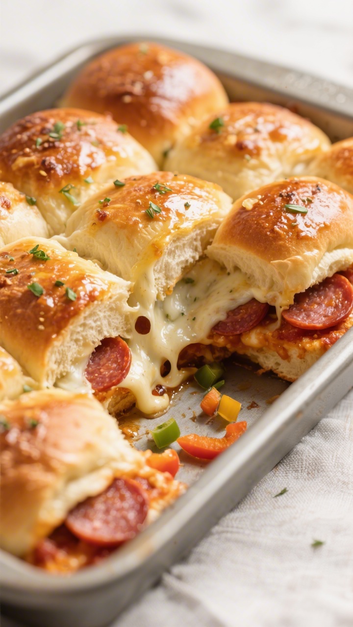 45-degree angle, pull-apart moment of mini pizza sliders in a baking dish: soft garlic-butter brushed Hawaiian rolls, tops glistening and dotted with tiny herb flecks; melty mozzarella stretch between buns, mild pizza sauce peeking, mini pepperoni coins tucked inside; a few finely chopped bell peppers scattered; edges lightly toasted, cozy game-day energy, clean linen backdrop.