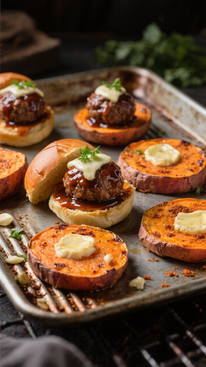 45-degree angle sheet pan scene of BBQ meatball sliders on garlic butter sweet potato rounds: caramelized sweet potato coins roasted with olive oil, garlic powder, smoked paprika, salt and pepper, each topped with a glossy BBQ-glazed turkey/beef meatball; some finished with a tiny dollop of melted cheese and a sprinkle of chopped parsley; brushed garlic butter sheen visible on the potatoes; rustic metal sheet pan with grill marks, moody warm lighting accentuating orange sweet potatoes and lacquered sauce.