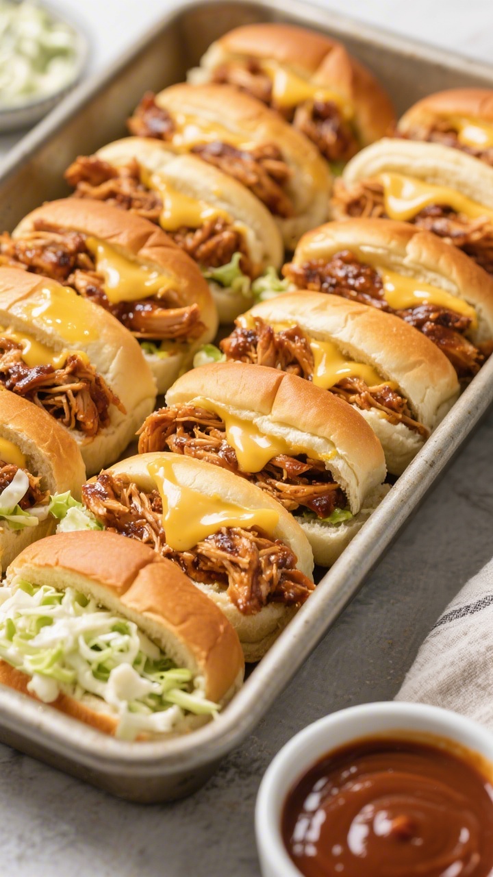 45-degree angle shot of BBQ chicken sliders with ranch slaw: a row of 12 Hawaiian roll sliders in a baking dish, tops brushed with melted butter, cheese visibly melted (mozzarella or mild cheddar) over saucy shredded chicken; a bright, creamy ranch slaw tucked inside some sliders, others open-faced to show layers; a small bowl of mild barbecue sauce nearby, inviting, family-style presentation.