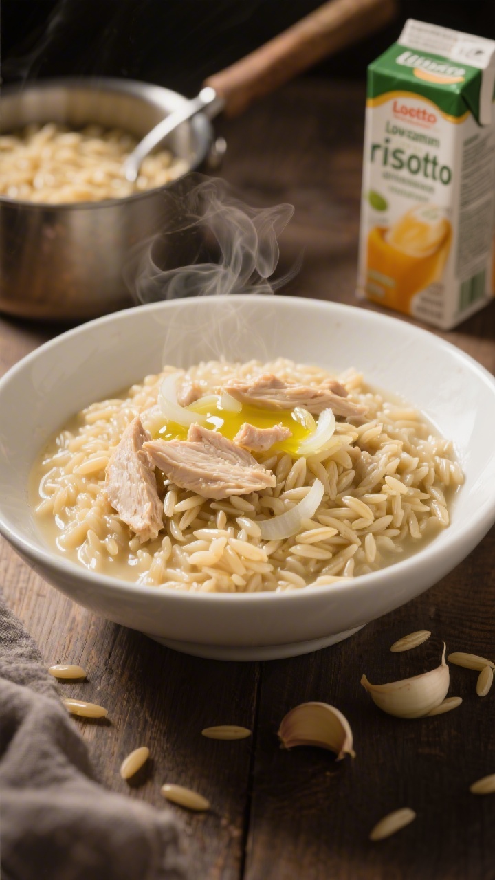 45-degree angle shot of creamy chicken orzo “risotto” in a shallow white bowl, glossy grains of orzo coated in broth with tender shreds of cooked chicken, tiny pieces of softened onion visible, optional garlic slivers subtly present; a drizzle of olive oil sheen on top, steam rising; in the background, a small pot and ladle with the remaining orzo and a carton of low-sodium chicken broth; warm, cozy mood.