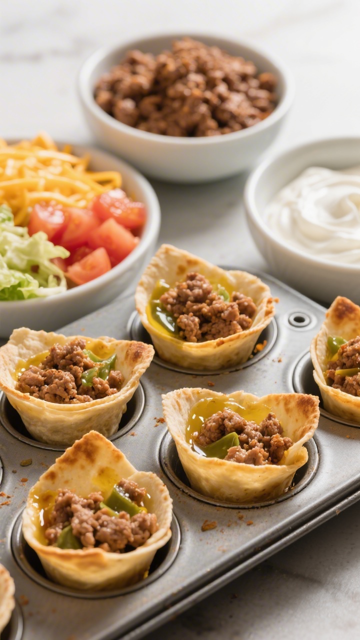 45-degree angle shot of Crunchy Taco Cups build-your-own station: a muffin-tin filled with baked mini flour tortilla (or wonton wrapper) cups brushed with olive oil, golden and crisp. Nearby bowls hold browned seasoned ground turkey/beef (low-sodium taco seasoning, a touch of saucy gloss from water), shredded cheddar, diced tomatoes, shredded lettuce, and sour cream. Focus on the crunchy shells and savory meat, warm tones, shallow depth of field, clean kid-friendly vibe.