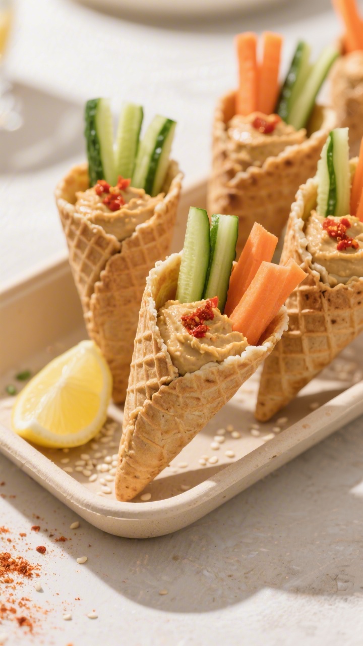 45-degree angle shot of Crunchy Veggie Cones filled with hummus: mini savory waffle cones and small whole-grain pita pockets acting as “cones,” generously piped with classic and roasted red pepper hummus, stuffed with neat bundles of cucumber sticks and carrot sticks; arranged upright in a sand-colored tray with lemon wedges and a sprinkle of paprika and sesame on the hummus; clean, sunny styling, shallow depth of field to emphasize crunch and creamy textures.