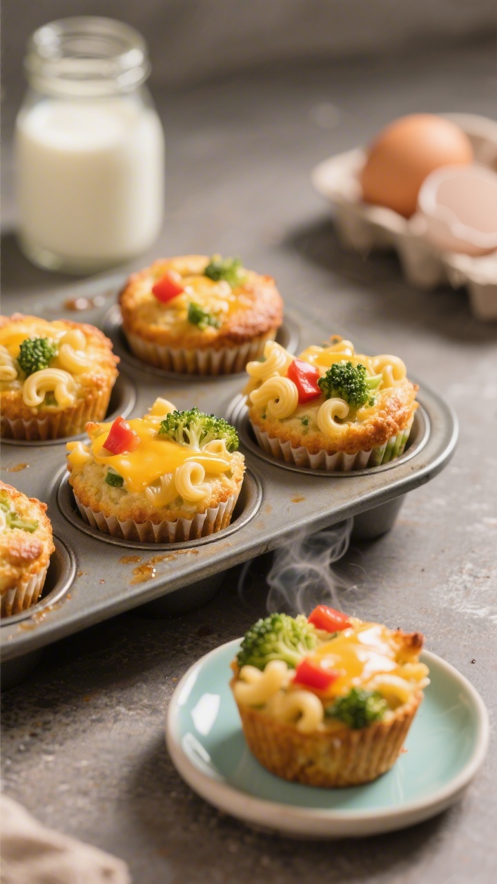 45-degree angle shot of golden-brown mini veggie mac muffins cooling in a muffin tin, cheese visibly melted and set, with elbow macaroni curls, finely chopped broccoli and red bell pepper peeking through; a few muffins plated on a small pastel dish, steam just fading, eggs and milk jar blurred in the background to hint at the custard set; warm, appetizing glow.