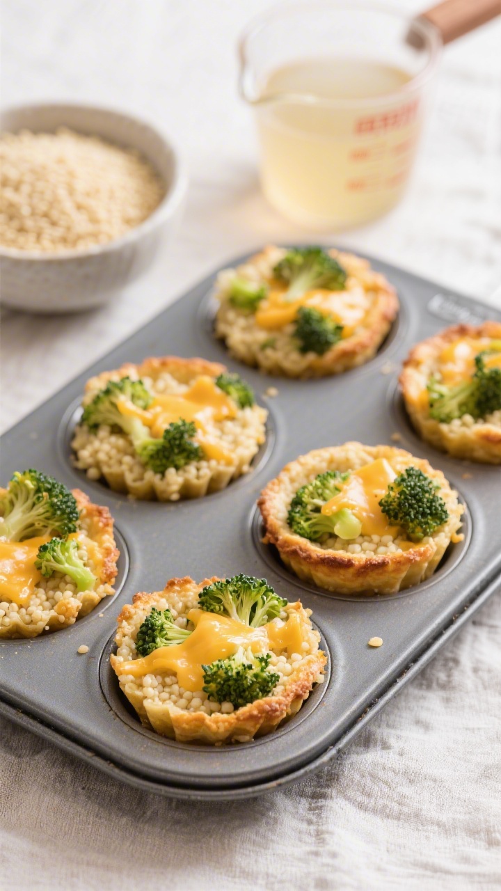 45-degree angle shot of golden cheesy broccoli couscous cups baked in a mini muffin tin; cups visibly studded with finely chopped steamed broccoli and melted mild cheddar, edges lightly browned; a small bowl of dry couscous and a measuring cup of low-sodium broth in the background to hint at ingredients; soft, kid-friendly styling on a light linen; focus on finger-food size and moist, tender crumb