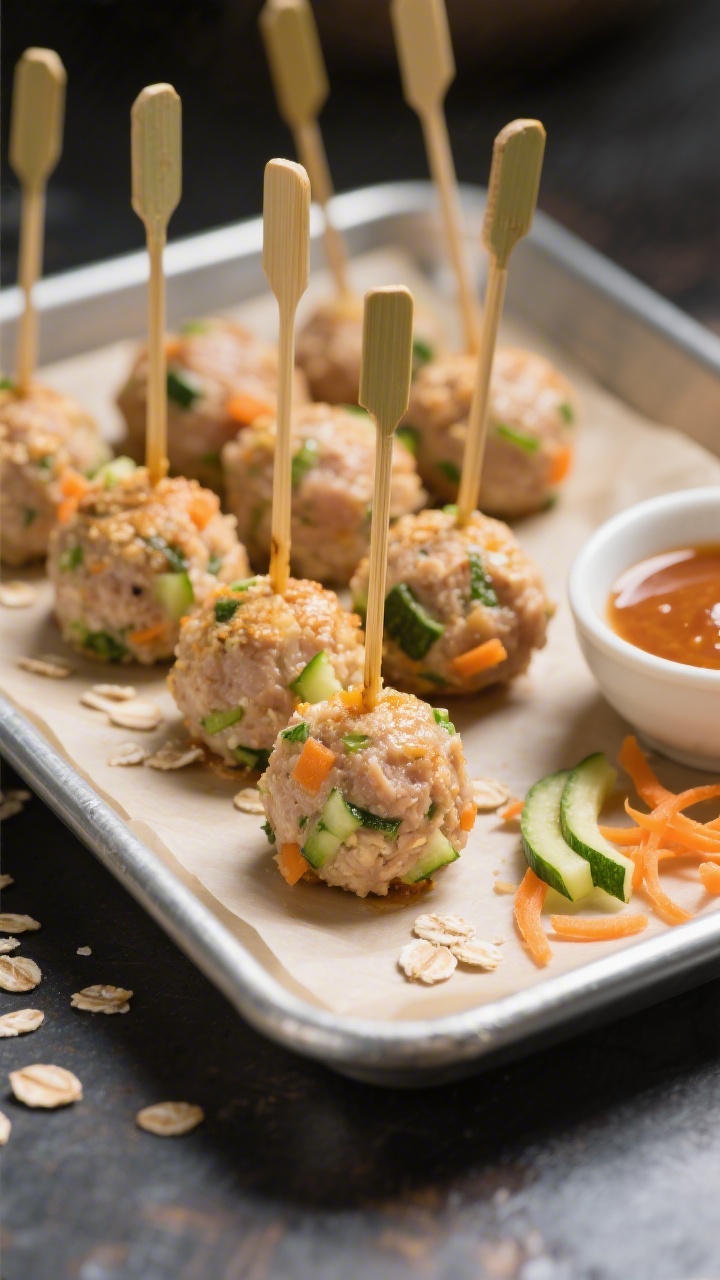 45-degree angle shot of mini chicken veggie meatball pops on short bamboo sticks, arranged in a parchment-lined metal tray: juicy ground chicken/turkey meatballs flecked with very finely grated zucchini and carrot, bound with quick oats/breadcrumbs and egg (or flax), lightly browned; a small bowl of sweet dipping sauce on the side; a few raw grated zucchini/carrot strands sprinkled for context; soft diffused light highlighting moist texture and golden crust.