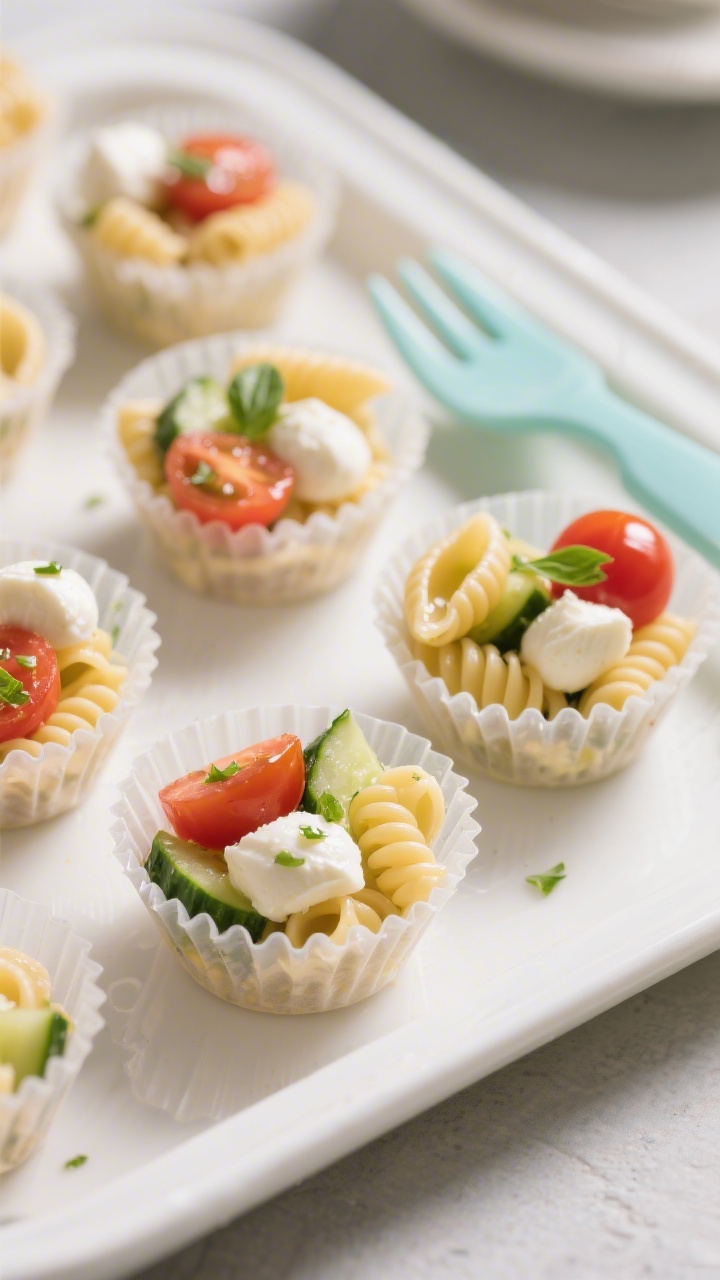 45-degree angle shot of mini pasta salad cups in clear silicone muffin liners: cooled ditalini or mini shells tossed with quartered cherry tomatoes, mini mozzarella pearls, finely peeled cucumber pieces, and a light olive oil sheen; garnished with tiny basil flecks; arranged on a white tray with a kid-safe fork, selective focus highlighting glossy mozzarella and juicy tomato interiors, soft diffused daylight.