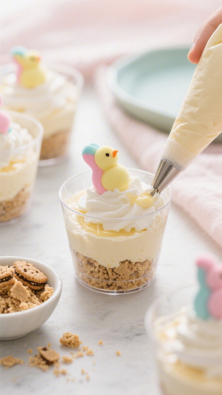 45-degree angle shot of No-Bake Cheesecake Peep Cups being assembled: clear glass cups with a visible layer of crushed nut-free vanilla sandwich cookie crumbs mixed with melted butter, topped with whipped cream cheese filling made from softened cream cheese and cold heavy whipping cream, crowned with colorful marshmallow Peep chicks; small bowls of cookie crumbs and a piping bag nearby; soft, airy lighting emphasizing the creamy texture and cookie crumb contrast, pastel props.