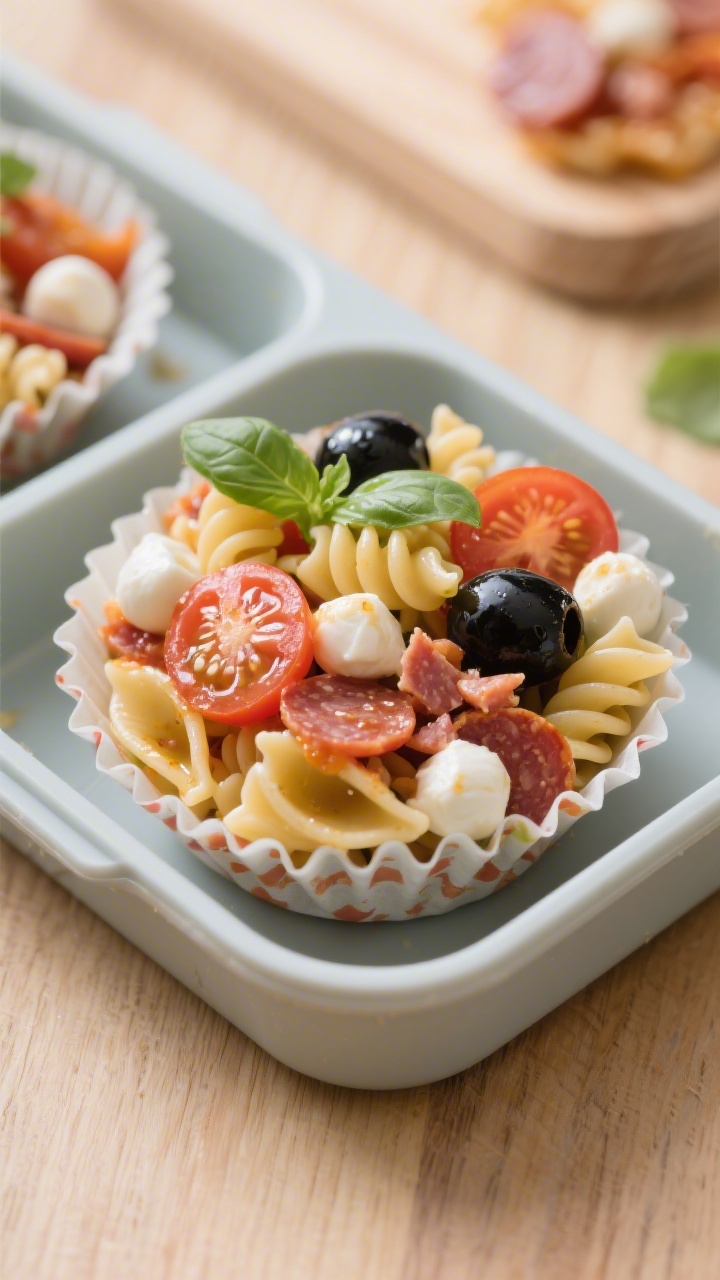 45-degree angle shot of Pizza Pasta Salad Cups: cooled mini shells and rotini tossed with mini mozzarella pearls, mini pepperoni (or chopped turkey pepperoni), halved cherry tomatoes, and sliced black olives, glistening with a light Italian-style vinaigrette; portioned into small silicone muffin cups inside a bento tray, garnished with a few torn basil leaves; shallow depth of field to highlight the glossy mozzarella and pepperoni rounds, playful school-lunch vibe on a light wood tabletop.