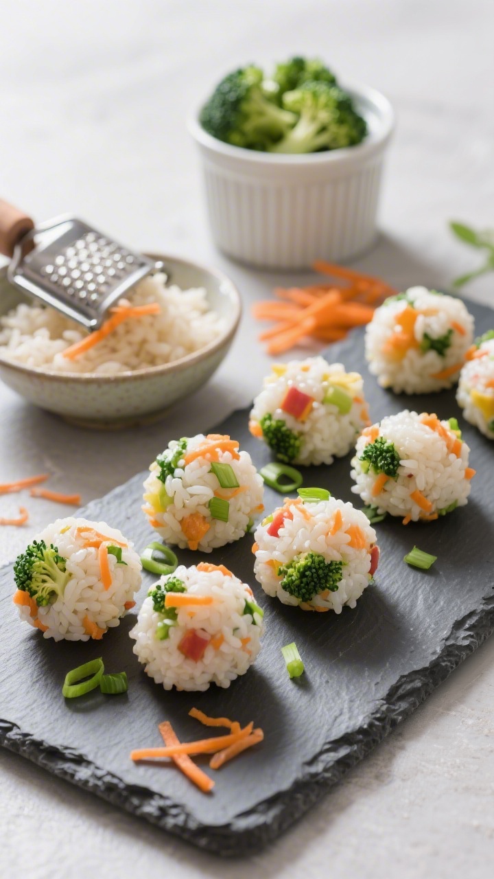 45-degree angle shot of Rainbow Rice Ball Bites with hidden veggies arranged on a slate platter: glossy short-grain rice formed into small onigiri-style balls flecked with finely grated carrot, tiny broccoli bits, and green onion; a small bowl of warm rice, micro-grater with carrot shavings, and a ramekin of chopped broccoli showcased in the background as ingredient context; bright, cheerful color palette, natural light, tight focus on texture and vegetable speckles, minimalist styling.