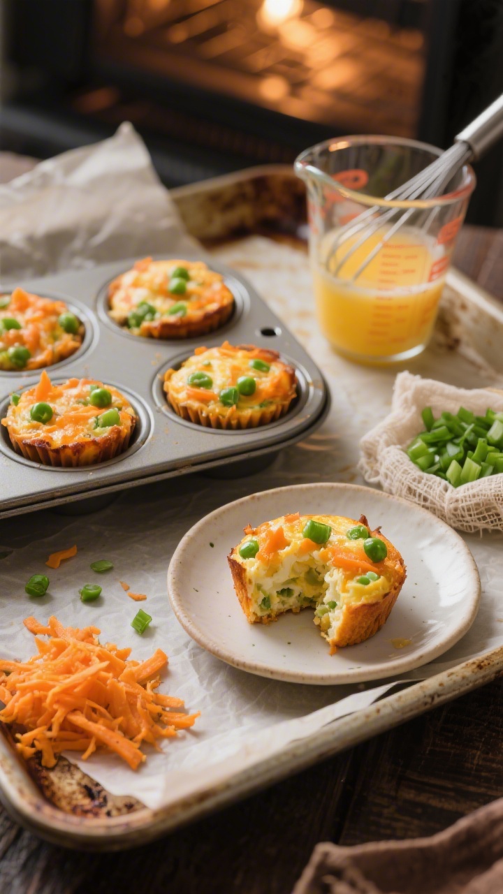 45-degree angle shot of savory sweet potato and pea egg bites just out of a mini muffin tin, edges lightly browned, interiors visible with finely grated orange sweet potato, bright green peas, and flecks of green onion; one egg bite cut open on a small toddler plate to show moist, tender texture; nearby prep elements: whisked eggs in a measuring jug, a small pile of squeezed grated sweet potato in a cheesecloth, chopped green onions; set on a parchment-lined baking sheet over a rustic tray, warm oven glow.