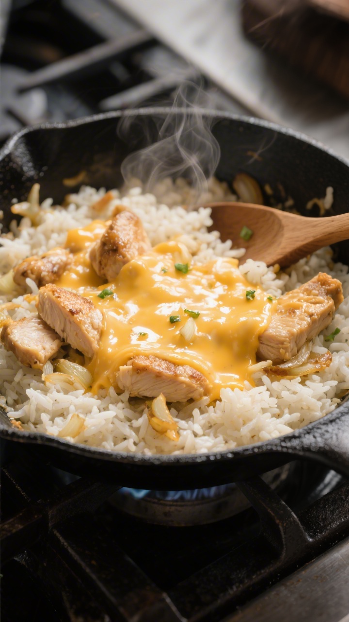 45-degree angle skillet scene of a one-pan cheesy chicken rice: bite-sized chicken pieces nestled in creamy, bubbling long-grain white rice with melted cheese pulling slightly, specks of sautéed onion and minced garlic visible; steam rising, glossy olive oil sheen; cooked in a black cast-iron skillet on the stovetop, wooden spoon tucked in, warm cozy mood, tight composition highlighting comfort-food texture.