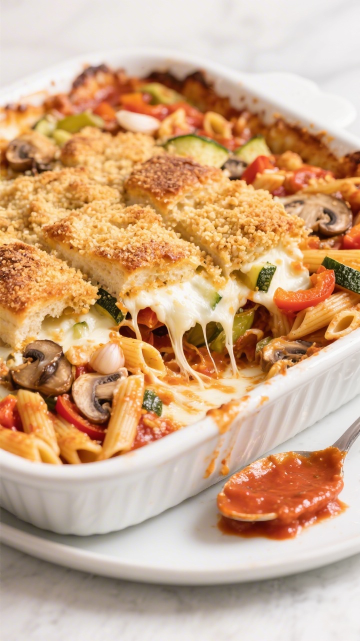 45-degree casserole beauty shot of pizza-party veggie pasta bake: penne coated in marinara, pockets of melted mozzarella, very finely chopped mushrooms, zucchini, and bell pepper dispersed throughout; a golden, garlicky bread-crumb crust mimicking garlic bread on top, slightly craggy and browned; baked in a white ceramic dish, slices served onto a plate with stretchy cheese pull, extra marinara spooned nearby.