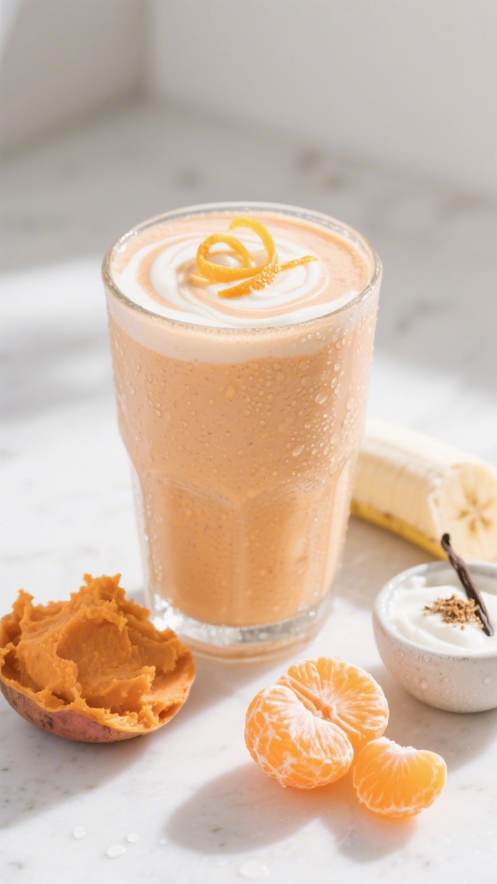 45-degree close-up of an Orange Creamsicle Sweet-Potato Smoothie in a frosty glass, silky pale orange color with swirls of vanilla yogurt, topped with a tiny curl of orange zest; ingredients staged to the side: a small mandarin peeled into glossy segments, a chilled scoop of mashed sweet potato, and half a frozen banana; a small bowl of vanilla yogurt and a pinch of vanilla visible; set on a sunlit white countertop with a few melting condensation droplets on the glass to signal creaminess, bright and cheerful mood.