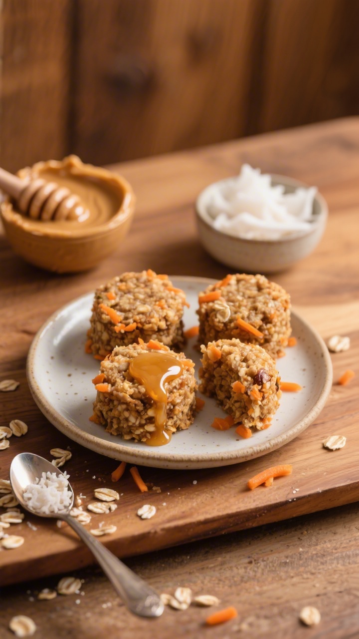 45-degree close-up of carrot cake oat bites arranged in a small toddler-friendly plate, showcasing the nubby texture of rolled oats and very finely grated carrots; a honey drizzle glistening on two bites, with a tiny bowl of smooth almond butter/sunflower seed butter and a spoonful of unsweetened shredded coconut nearby; warm wood backdrop, cozy snack-time mood, shallow depth of field for appetizing focus