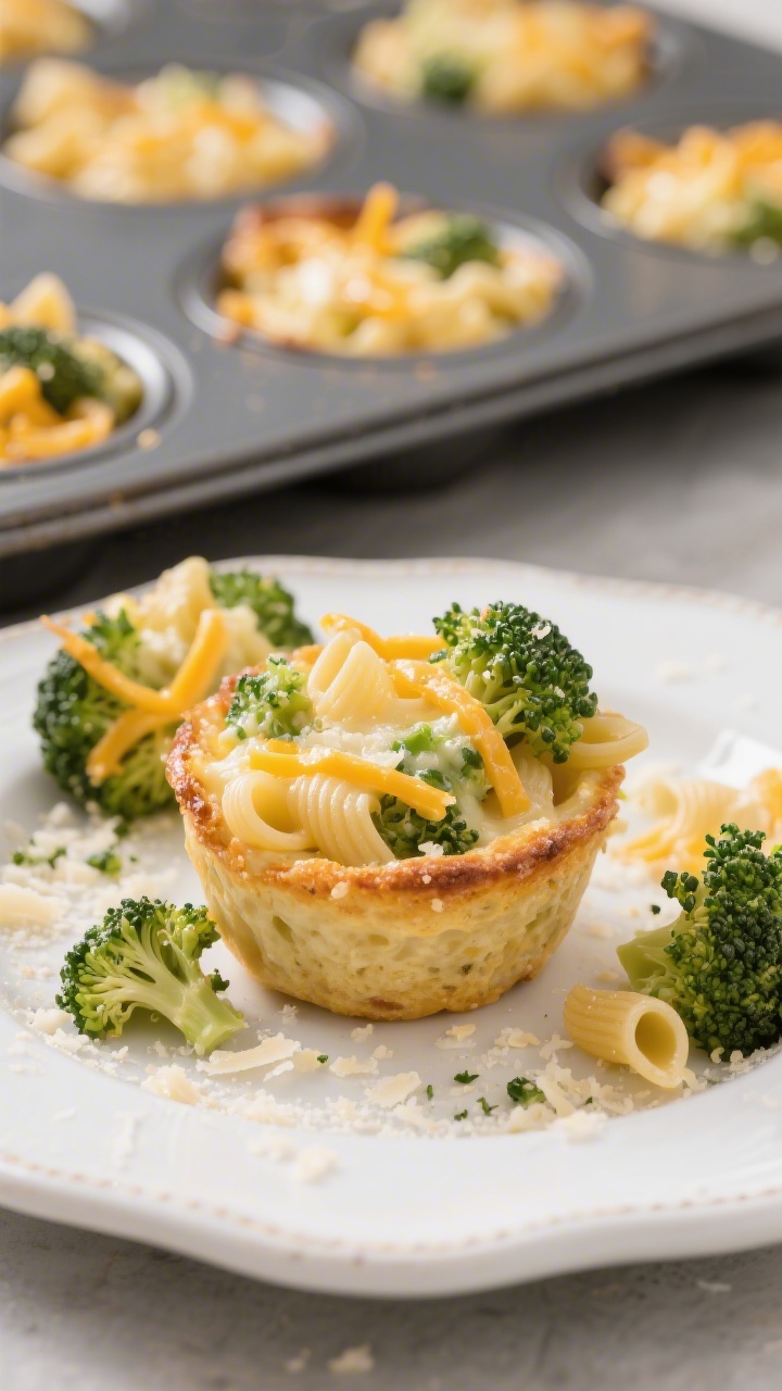 45-degree close-up of cheesy broccoli pasta bites baked in a mini muffin tin, golden edges and melty cheddar strands visible: small pasta elbows bound with finely chopped steamed broccoli (squeezed dry), shredded mild cheddar, grated Parmesan, and beaten eggs; a few bites plated on a white rimmed plate with scattered broccoli crumbs and a dusting of Parmesan, soft afternoon light highlighting the bouncy, custardy texture.