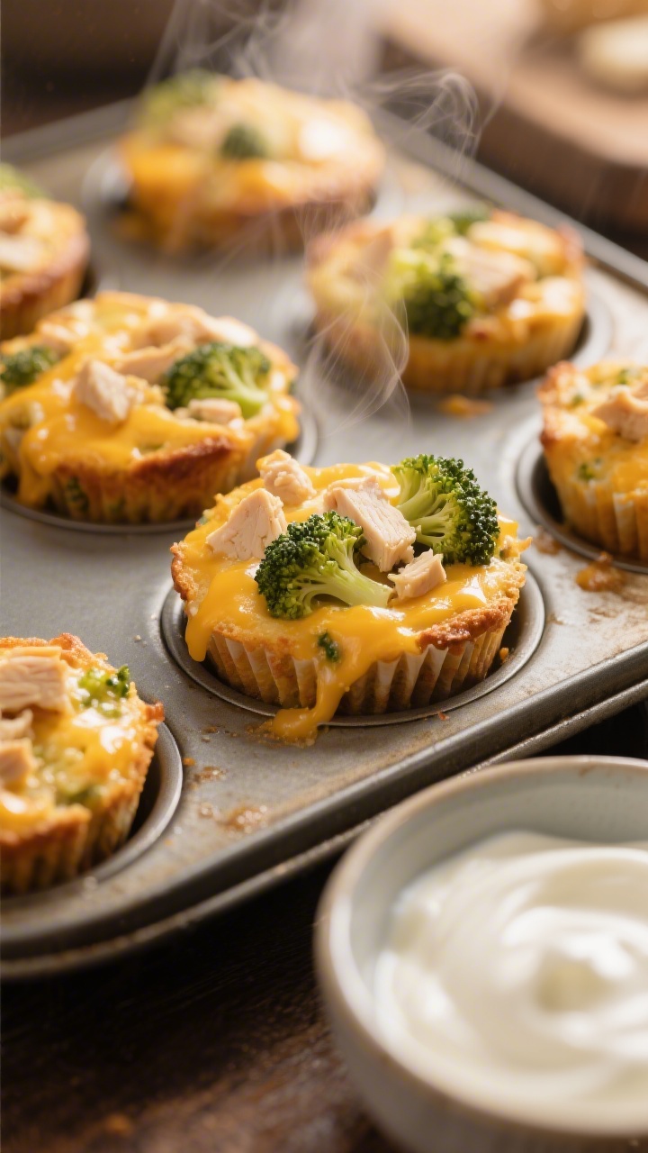 45-degree close-up of cheesy chicken broccoli muffin bites cooling in a mini muffin tin: golden, puffed edges with melted mild cheddar visible, flecks of finely chopped cooked chicken and very soft steamed broccoli throughout; a small bowl of plain Greek yogurt in frame to hint at ingredients; warm, cozy kitchen light, shallow depth of field, steam subtly rising.