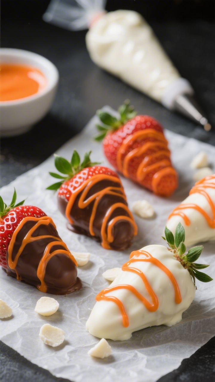 45-degree close-up of Chocolate-Dipped Strawberry “Carrots”: fresh medium-sized strawberries with green tops dipped in orange-tinted white chocolate (white chocolate chips melted with a touch of coconut oil and colored with orange gel). Set on parchment, each berry has thin zigzag yogurt drizzle lines to mimic carrot ridges. A small bowl of melted orange coating and a piping bag with yogurt in the background. Glossy finish, vibrant orange color, crisp green tops, high contrast lighting for shine.