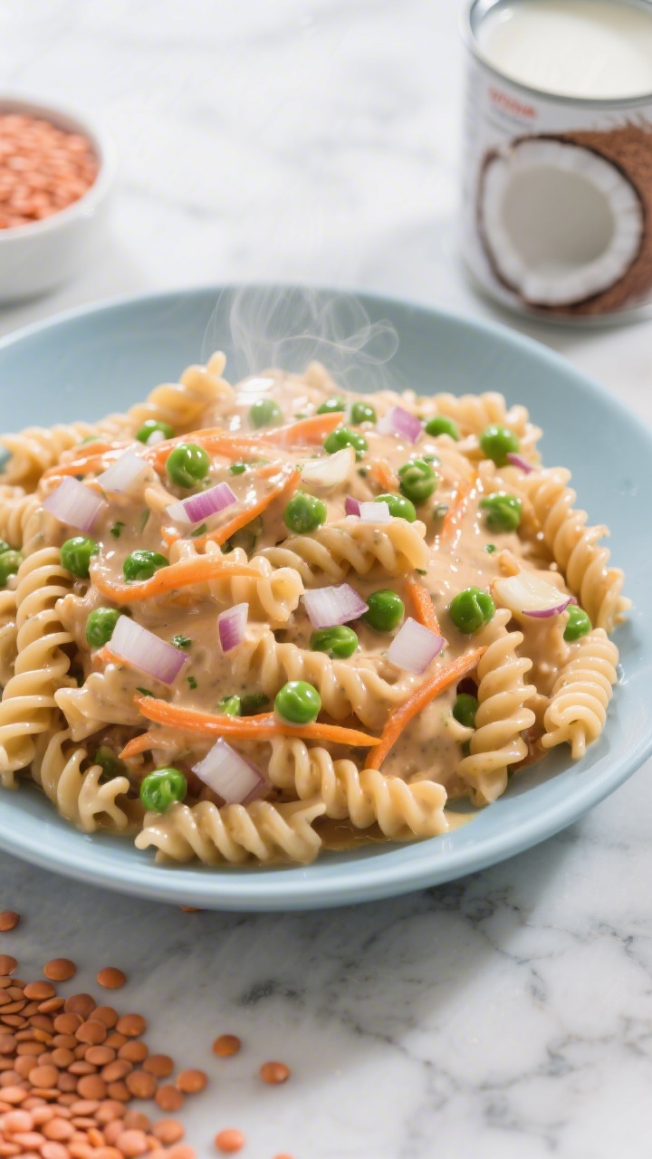 45-degree close-up of creamy coconut red lentil pasta (rotini) coated in a glossy, dairy-free coconut sauce, dotted with bright green peas; visible flecks of finely diced onion, grated carrot ribbons, and a whisper of minced garlic; served in a pale blue shallow bowl with a light olive oil sheen; steam gently rising, set on a marble surface with an open can of coconut milk and uncooked red lentil pasta scattered for context.