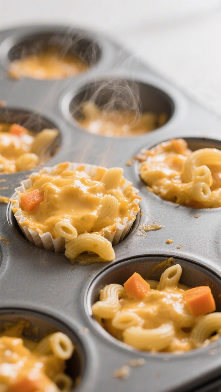 45-degree close-up of creamy hidden-veggie mac and cheese baked into mini cups in a nonstick muffin tin, ultra-cheesy pull with mild cheddar, tender ditalini pasta coated in a smooth butternut squash and carrot puree, a light milky sheen, a few escaped elbows on the tin, steam rising, warm golden tones, minimal props to emphasize gooey texture and hidden vegetables