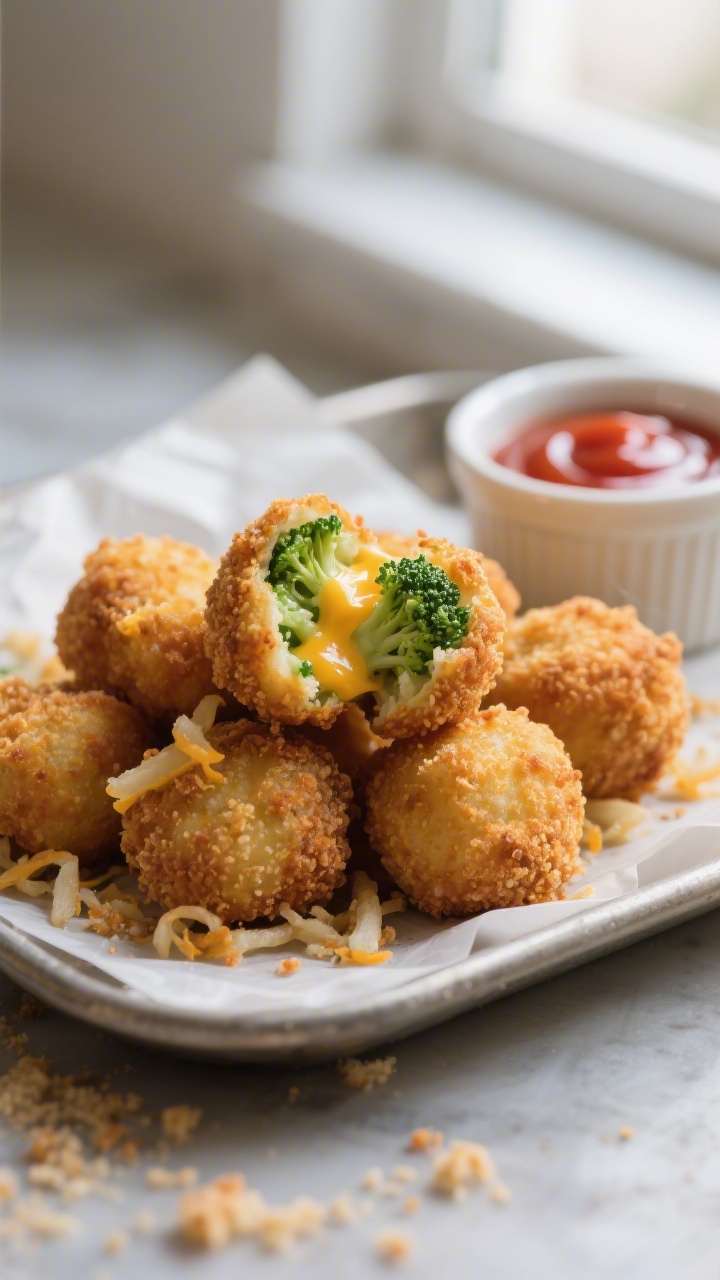 45-degree close-up of crispy broccoli tater tots piled on a small parchment-lined tray, crunchy breadcrumb exterior glistening, one tot broken open to reveal vivid green finely chopped broccoli and pockets of melted sharp cheddar threading through shredded hash browns. A ramekin of ketchup in the background softly out of focus. Natural window light from the side to highlight texture; warm, inviting tones; sprinkle of breadcrumb crumbs on the tray.