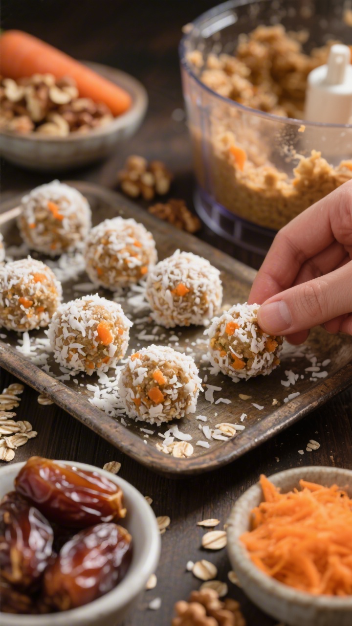 45-degree close-up of Mini Carrot Cake Energy Bites being rolled: a rustic tray with round, no-bake bites coated in extra unsweetened shredded coconut. In the scene, small bowls of soft Medjool dates (pitted), rolled oats, finely grated well-squeezed carrots, and chopped walnuts are visible, some mixture in a processor bowl in the background. Warm, cozy tones highlighting sticky, textured interiors with flecks of orange carrot and oats, shallow depth of field, crumbs and coconut scattered for authenticity.