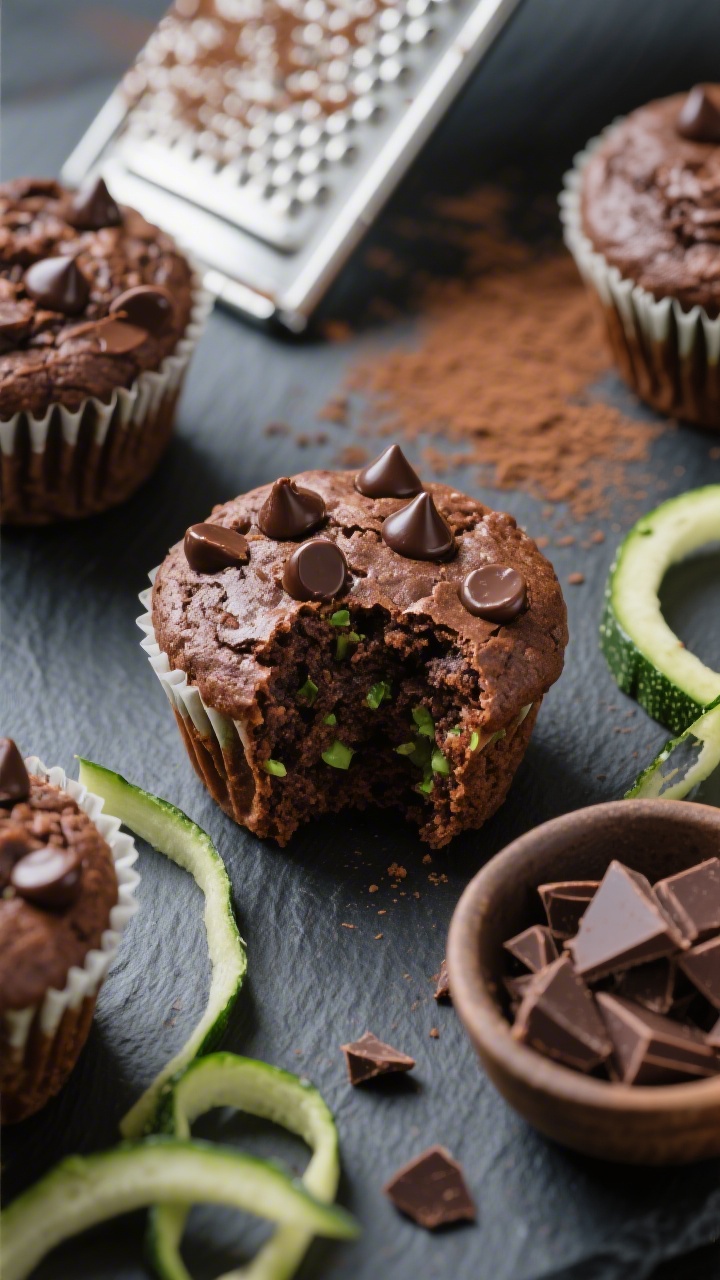 45-degree close-up of mini chocolate zucchini muffins with a fudgy, brownie-like interior; one muffin torn open to show ultra-moist crumb and barely visible green flecks; glossy chocolate chips melted on top, a light dusting of cocoa; arranged on a dark slate with a grater, thin zucchini ribbons, and a small bowl of chocolate chunks for context.