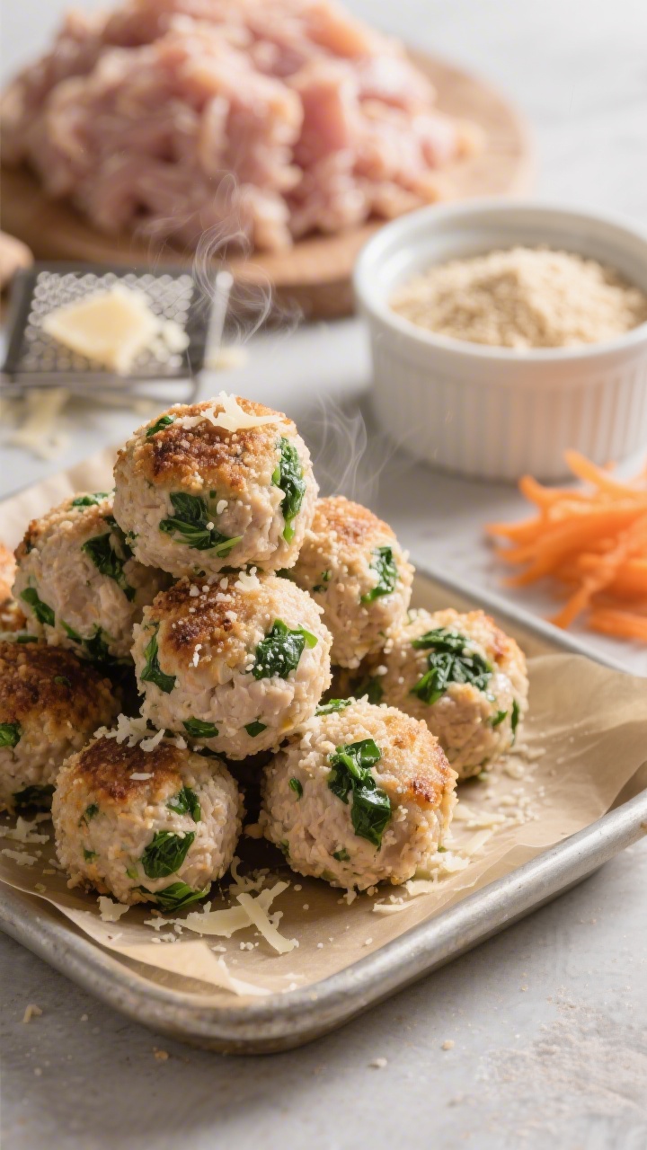 45-degree close-up of tender chicken veggie meatballs just out of the oven, stacked on a small parchment-lined tray; visible green specks of finely chopped spinach, a light dusting of grated Parmesan, and a fine breadcrumb crust; ingredients scene subtly in background: mound of ground chicken thigh, a ramekin of very fine breadcrumbs (or oat flour), microplane with Parmesan shavings, and a tiny pile of grated carrot; warm, cozy tones and steam hinting at juiciness.