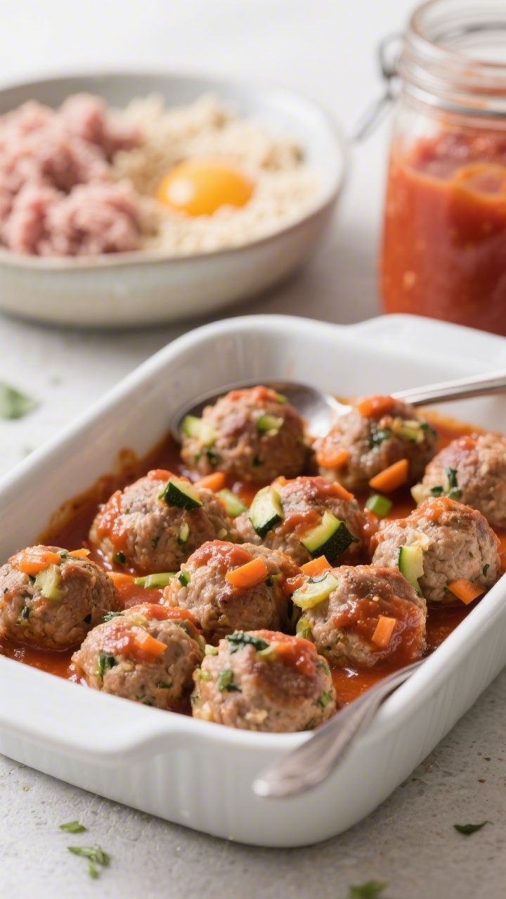 45-degree close-up of veggie-loaded turkey mini meatballs nestled in a mild marinara, visible flecks of very finely grated zucchini and carrot in the tender meatballs; lightly browned exterior, sauced just enough to glisten; served in a small white baking dish with a spoon; background shows a bowl of ground turkey mixture with breadcrumbs and an egg, and a jar of simple marinara to suggest the prep.