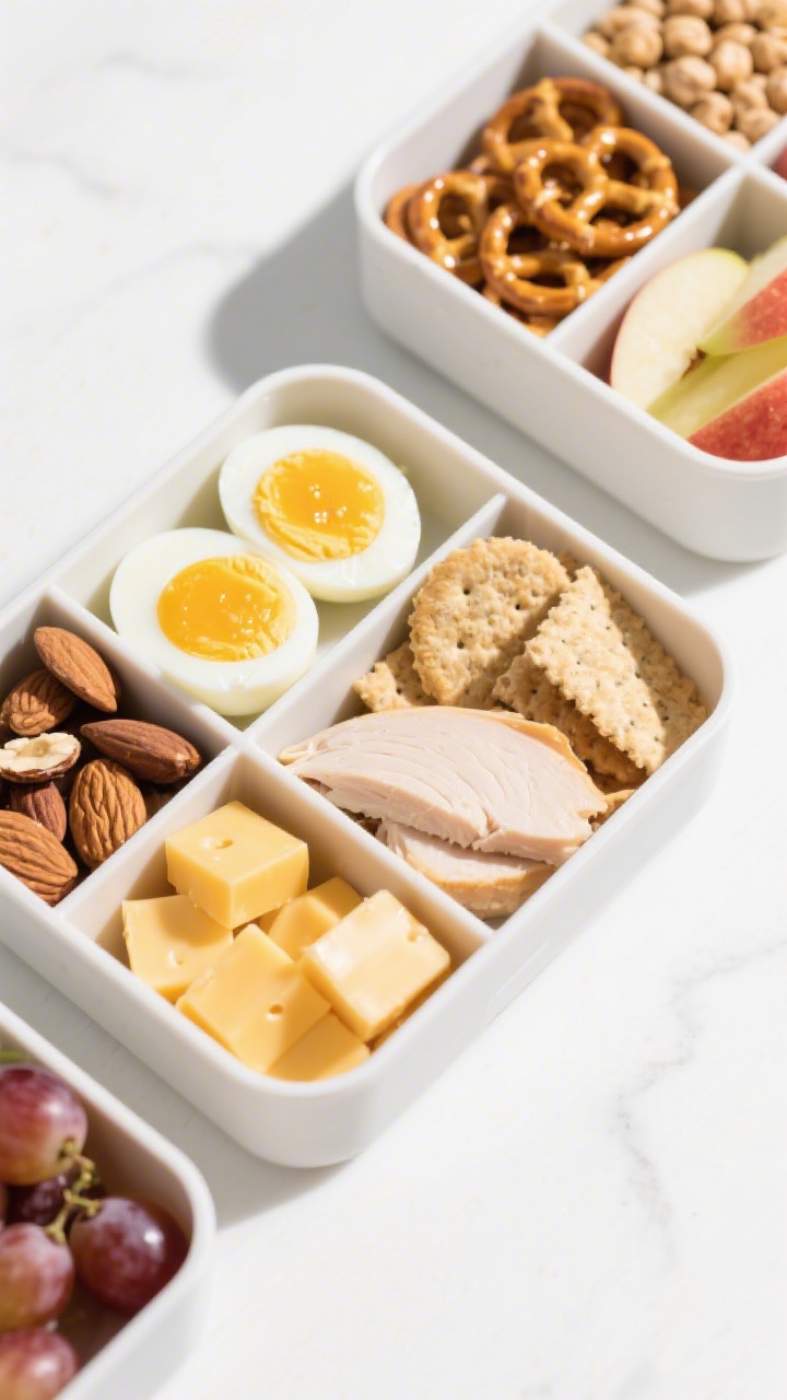 45-degree compartmentalized layout of Post-Game Protein Snack Boxes: neat meal-prep containers filled with halved hard-boiled eggs (yolks bright), sliced deli chicken or turkey, cheese sticks and mini cheese cubes, whole-grain crackers, a mix of nuts and pretzels for sweet-and-salty crunch, and fresh fruit like grapes or apple slices; optional roasted chickpeas substitute shown in one box; clean white surface, minimal props, bright natural light to emphasize textures—glossy eggs, matte crackers, and varied shapes—perfect grab-and-go energy boxes.