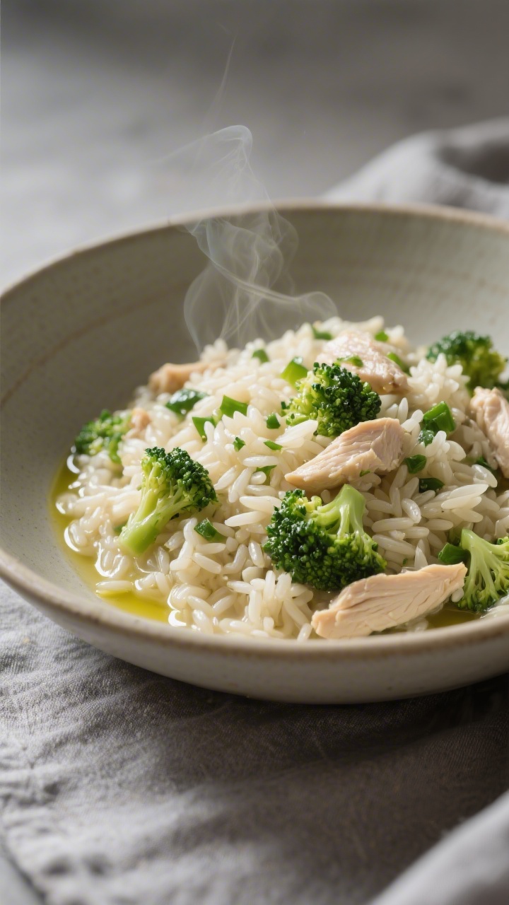 45-degree cozy dinner scene of Creamy Chicken Broccoli “Orzo” made with rice: a shallow bowl of jasmine rice cooked risotto-style in low-sodium chicken broth until creamy, studded with very finely chopped broccoli and tender chicken pieces; visible glossy grains, tiny green broccoli bits throughout, a gentle steam lift; garnished with a drizzle of olive oil; neutral ceramic bowl on a soft gray linen, inviting, creamy comfort-food vibe.