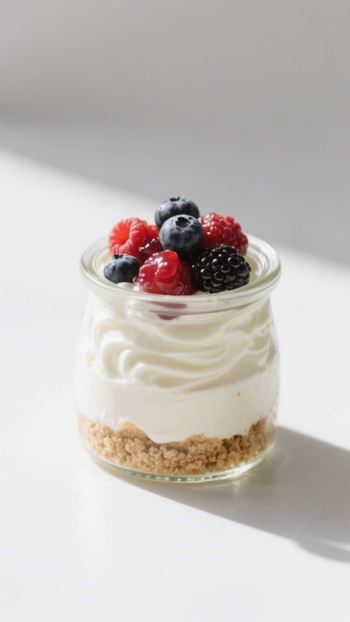 45-degree dessert jar presentation: small glass jars layered like cheesecake—whipped plain Greek yogurt blended with softened cream cheese, lightly sweetened with honey or maple and scented with vanilla, topped with a glossy mix of fresh berries; finely crushed graham-style crumbs sprinkled as a base and a light dusting on top; cool white backdrop, soft diffused light, creamy swirls and juicy berry highlights.
