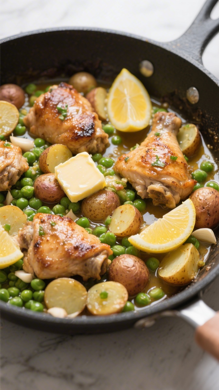 45-degree one-pan scene of lemon butter chicken with tiny potatoes and peas: browned chicken thigh pieces nestled among halved baby potatoes and sweet green peas in a shallow skillet; glossy lemon-butter sauce pooling with low-sodium chicken broth, olive oil sheen, and minced garlic visible; thin lemon slices and a pat of melting butter on top, family-style, vibrant and saucy.