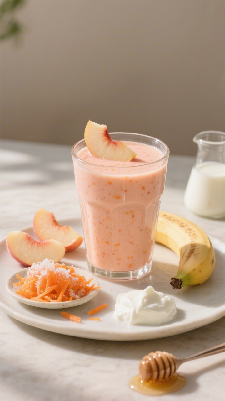 45-degree plated presentation of a Peachy Carrot Cream Smoothie in a clear tumbler, pastel peach color with tiny carrot flecks for texture, crowned with a thin slice of peach on the rim; supporting elements arranged around: frozen peach slices with frost crystals, finely grated raw carrot on a small dish, half a banana, a dollop of Greek yogurt, a small beaker of milk, and a spoon with a small drizzle of honey; warm morning light, neutral backdrop, inviting and creamy.