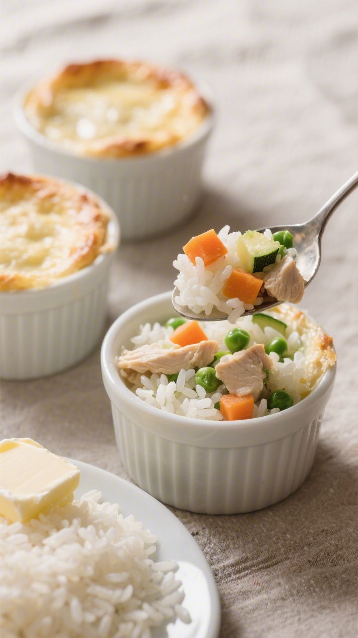 45-degree plated presentation of cozy chicken and rice mini casseroles: individual ramekins filled with fluffy white rice, finely chopped mixed veggies (tiny cubes of carrots, peas, and green flecks of zucchini), and juicy bits of cooked chicken, all baked with butter so the tops look lightly set and steamy; one spoon scooping out a portion to show the creamy, comforting interior; props include a small pat of butter on a dish and a mound of uncooked white rice nearby to hint at the base ingredient; neutral linen, soft afternoon light, freezer-friendly comfort-food mood