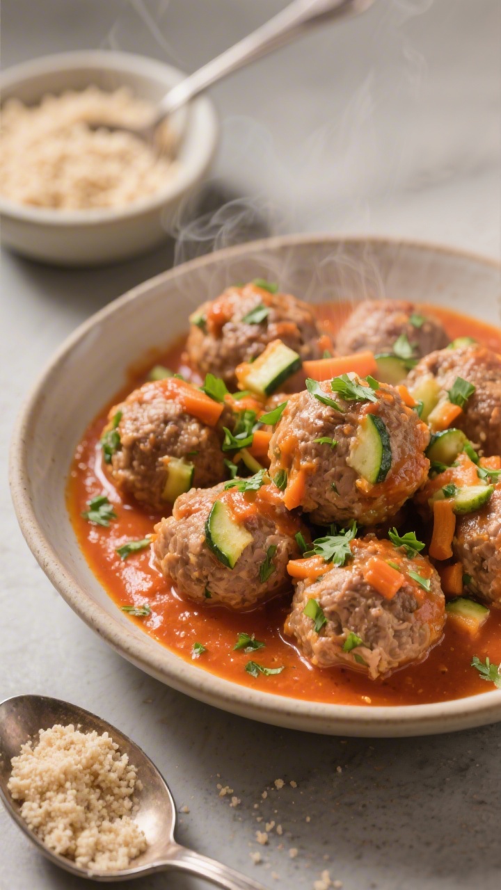 45-degree plated presentation of cozy turkey veggie meatballs in mild marinara: juicy turkey meatballs flecked with finely grated zucchini and carrot, nestled in a bright, smooth marinara, sprinkled with chopped parsley; served in a low, wide bowl with a side of gluten-free breadcrumbs in a pinch bowl and a spoon showing tender interior texture; warm, inviting tones, gentle steam, professional restaurant-style styling without cheese to keep it dairy-free.