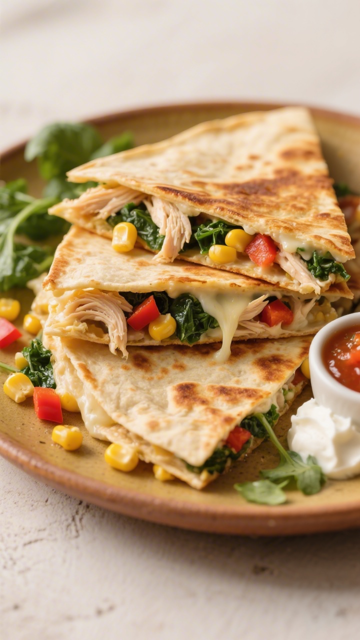45-degree plated presentation of Creamy Chicken and Veggie Quesadillas made with gluten-free tortillas: golden, pan-crisped wedges stacked slightly offset to show creamy filling of shredded chicken, corn kernels, finely chopped spinach or kale, and tiny red bell pepper dice; light cheese pull visible at the cut; served on a warm ceramic plate with a small side of mild salsa or sour cream; scattered corn and greens on the surface, soft natural light highlighting toasty tortilla texture.