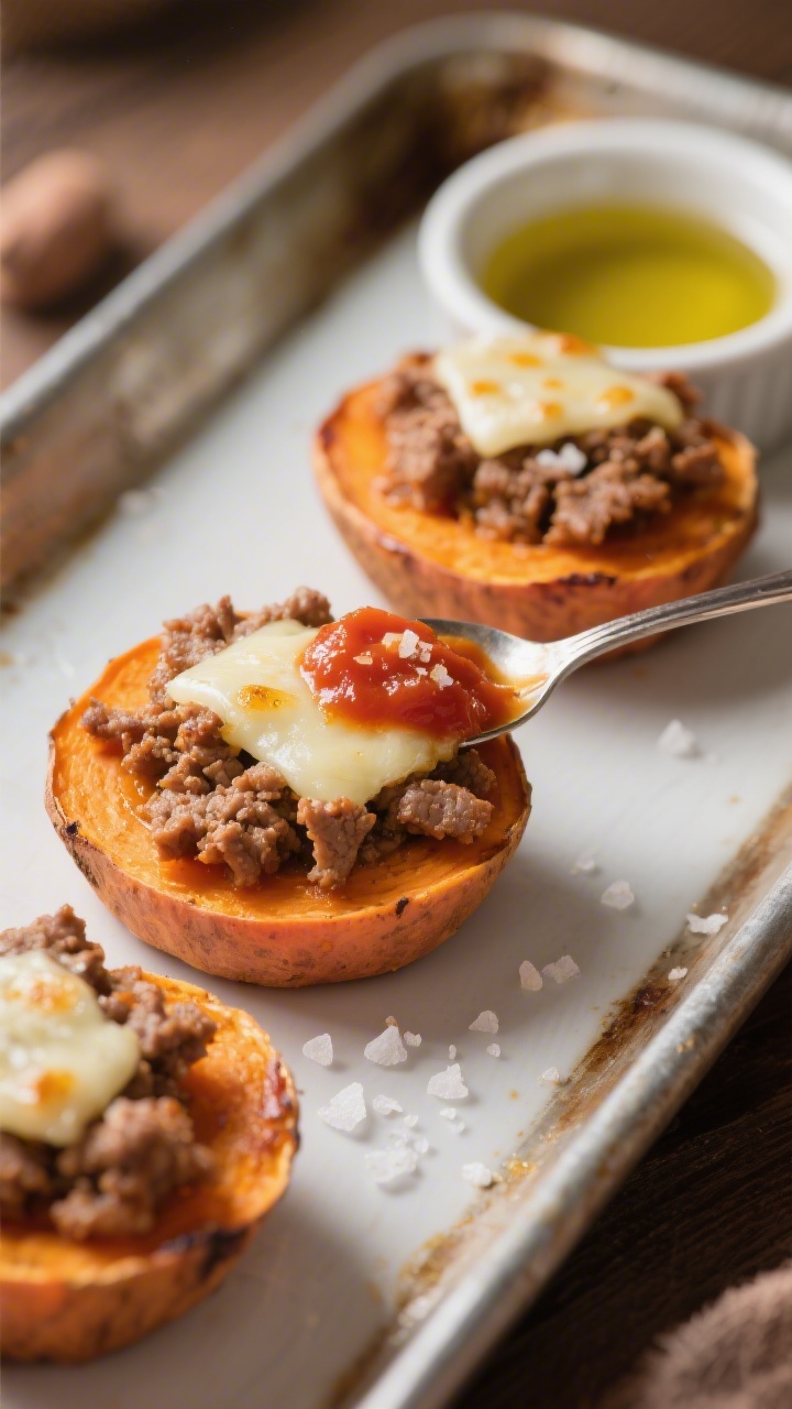 45-degree plated presentation of mini turkey pizza cups atop sweet potato rounds: thick orange sweet potato slices roasted with olive oil and sea salt, topped with savory browned ground turkey “sauce,” a spoonful of simple marinara, and melty cheese with faint golden spots; a few flecks of sea salt on the tray, a ramekin of olive oil nearby; warm, inviting light highlighting the contrast of orange rounds and saucy toppings.