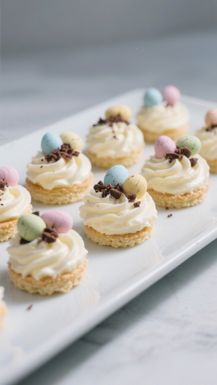 45-degree plated presentation of no-bake mini egg cheesecake bites: bite-size rounds with vanilla wafer bases, thick, silky cream cheese filling piped high, topped with crushed chocolate mini eggs in pastel colors, a few whole mini eggs for contrast, subtle swirl marks visible on the creamy surface, arranged on a matte white platter, cool-toned background, soft shadows, high detail on creamy texture and candy shell crunch.