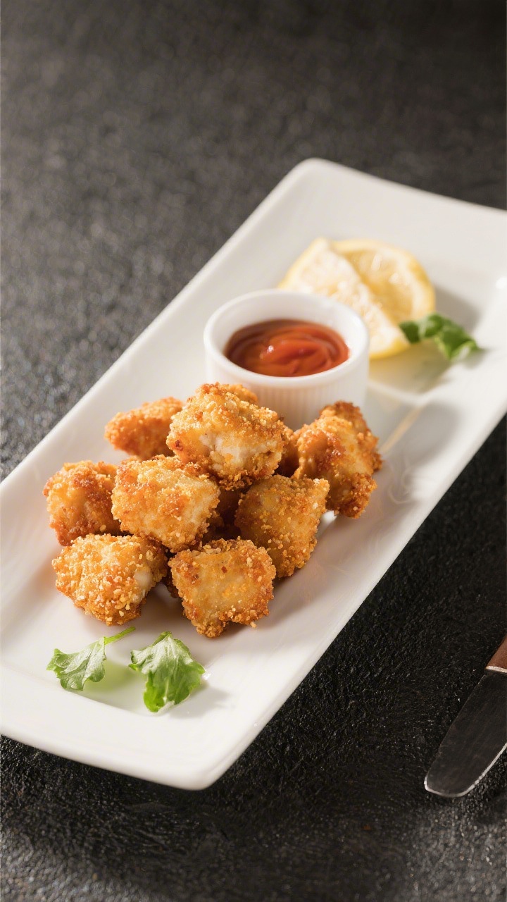 45-degree plated presentation of No-Fry Crispy Chicken Bites: oven-baked breaded chicken chunks (