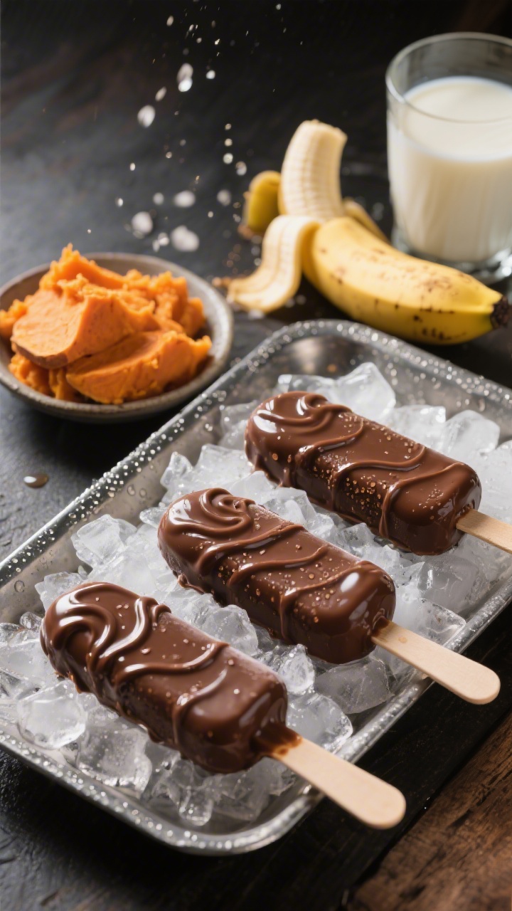 45-degree plated presentation of sweet potato chocolate pudding pops: three glossy, deep-cocoa pops on crushed ice in a metal tray, condensation beading on the surface; color cue from mashed roasted sweet potato in a small dish, a peeled ripe banana, and a splash of milk in a glass nearby; rich chocolate tone, soft highlights, summer-cool vibe, professional studio lighting to emphasize creamy frozen texture and swirl patterns in the pops