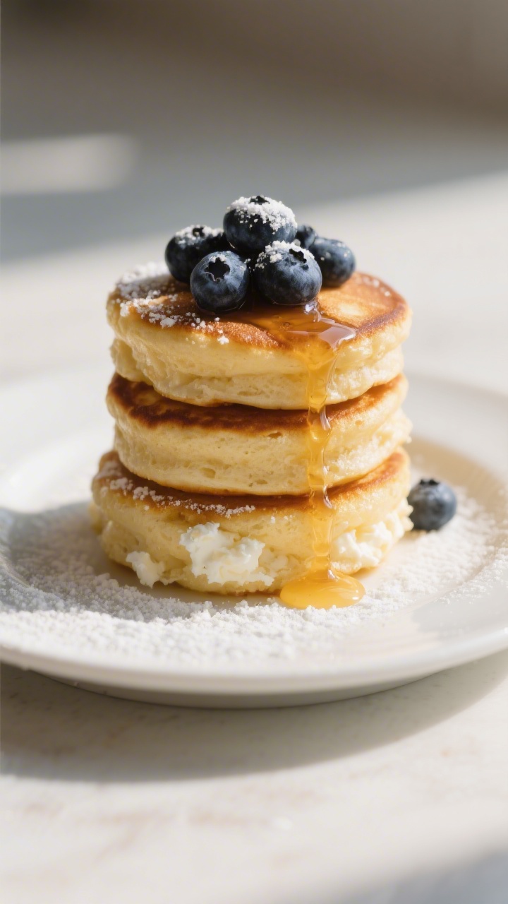 45-degree plated shot of cottage cheese pancake bites stacked in a small tower on a matte white plate, golden and puffed with tender crumb: ingredients include cottage cheese, egg, whole-wheat flour, baking powder, vanilla, and a touch of honey or maple; topped with a glossy blueberry smash (loosely crushed blueberries) gently dripping down the sides, a light dusting of powdered sugar, warm morning light for a cozy breakfast vibe.
