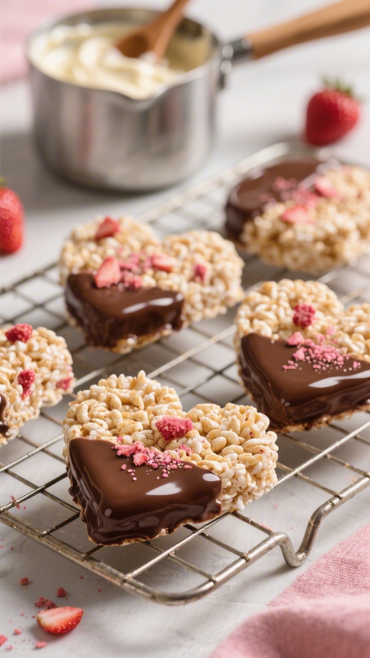45-degree process-to-final shot of No-Bake Chocolate-Dipped Heart Cereal Bars: heart-shaped crispy rice and crushed freeze-dried strawberry bars set on a wire rack; the lower halves dipped in shiny melted chocolate and sprinkled with extra strawberry dust; a saucepan with melty marshmallow-butter mixture and a wooden spoon blurred in the background; visible puffed rice texture, rosy strawberry flecks, and smooth chocolate shell; cozy, indulgent Valentine mood with warm highlights.