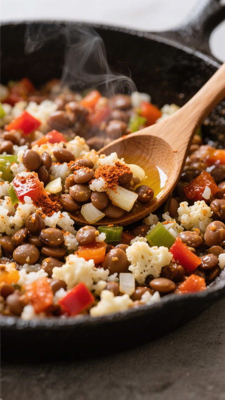 45-degree skillet scene of a one-pot lentil taco mixture with hidden cauliflower rice: tender brown lentils mingled with finely diced onion and bell pepper, tiny cauliflower rice bits blending in, seasoned with mild chili powder and ground cumin; glossy finish from olive oil, visible minced garlic; served straight from a black cast-iron skillet with a wooden spoon creating a scooped well to show texture; warm, cozy tones, light steam, tight composition emphasizing the hearty, kid-friendly nature.