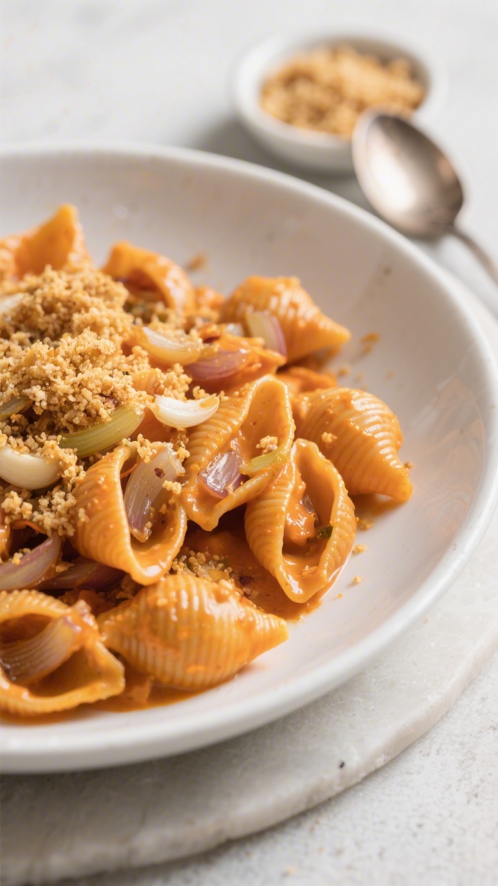 A 45-degree angle close-up of hidden-veggie sweet potato pasta with garlicky breadcrumbs: small pasta shells coated in a silky sweet potato and oat milk sauce, flecked with sautéed onion and garlic, topped with golden, crunchy garlicky breadcrumbs. Served in a wide white bowl, with a small dish of toasted breadcrumbs and a spoon beside it. Warm, cozy tones, shallow depth of field highlighting the creamy orange sauce clinging to each shell.
